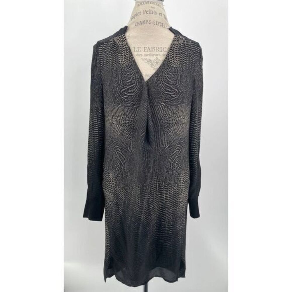 HALSTON  HERITAGE Black Ombre Reptile Longsleeves Chiffon Belted Dress